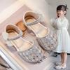 Girls Sandals Shiny Crystal Ins Trendy 2025 Summer New Kids Princess Shoes Mesh Lace Bows Girls Dance Shoes Elegant Hollowed-out