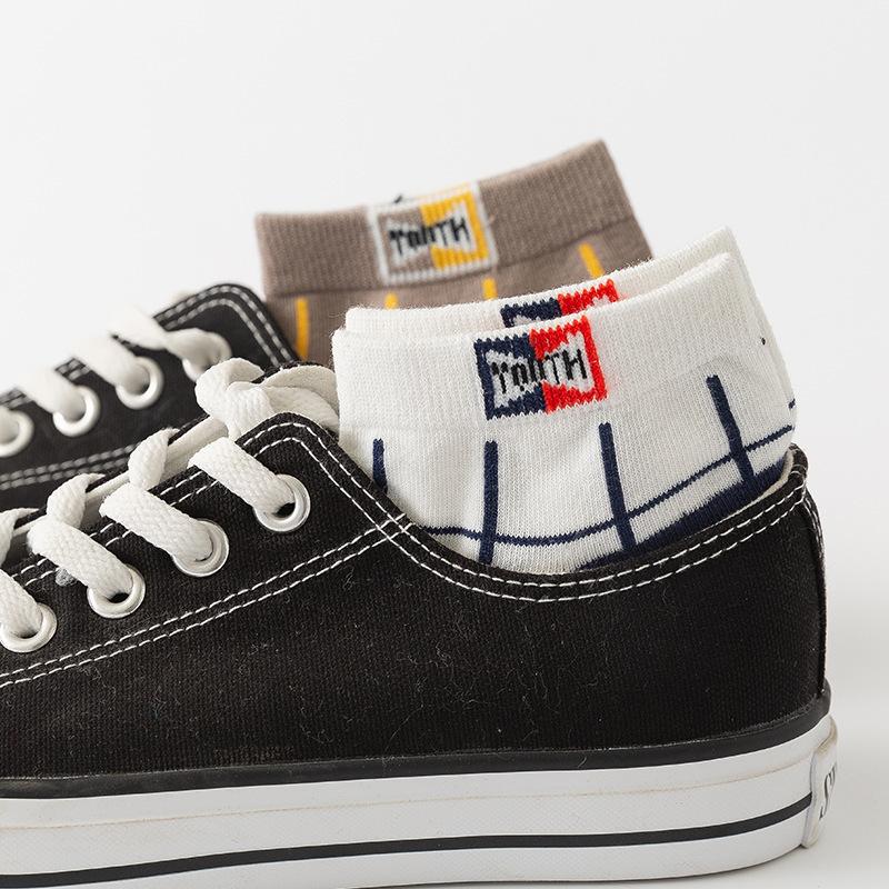 Spring and Summer Men's Cotton Stockings - Check Pattern Trendy Casual Boat Shoes Short Legged Low-Top Four Seasons Stockings