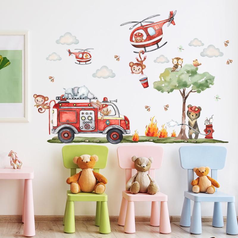 Camion dei Pompieri Animali Cartoni Animati Adesivi Murali per Bambini per Asilo Stanza dei Bambini Decorazione Camera da Letto Bambino