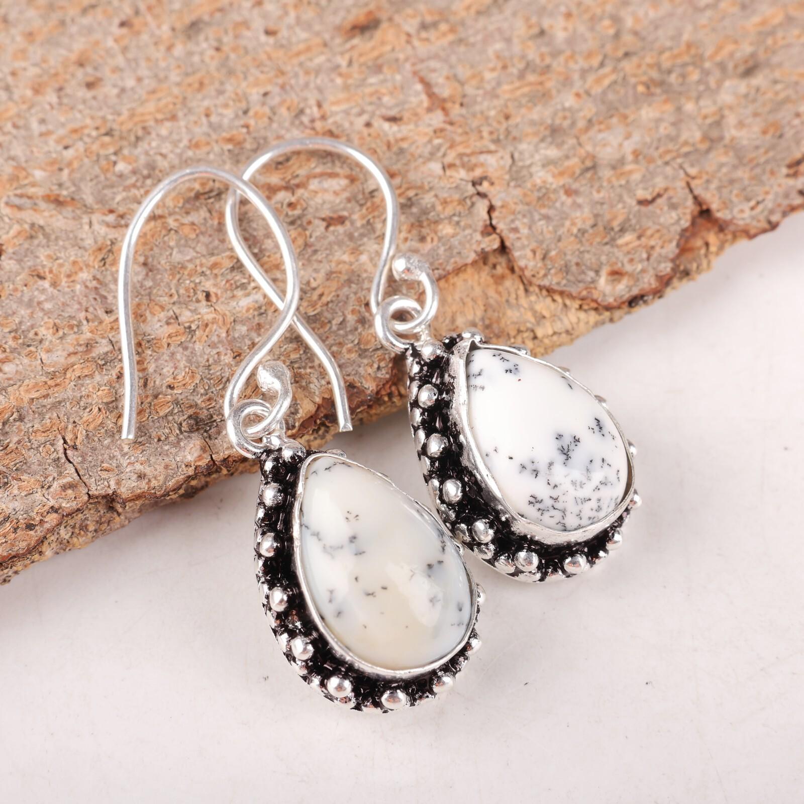 

Natural Dendritic Opal Gemstone 925 Sterling Silver Jewelry Dangle Earrings1.41 EE-97-24