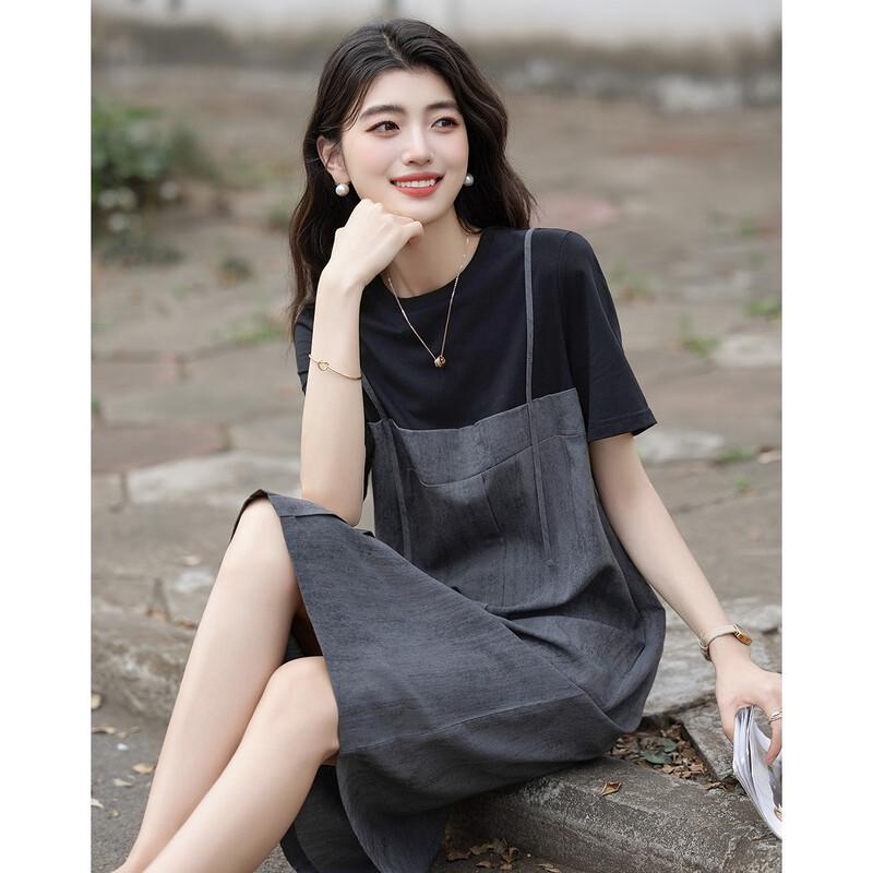 Summer Korean Style Patchwork Round Neck T-shirt Dress M