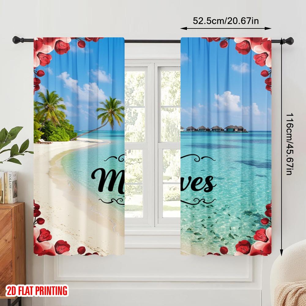 2pcs 2D Flat Printing Scene Curtains Maldives Tropical Island Paradise 100% Polyester Fabric Without Electricity Birthday Party