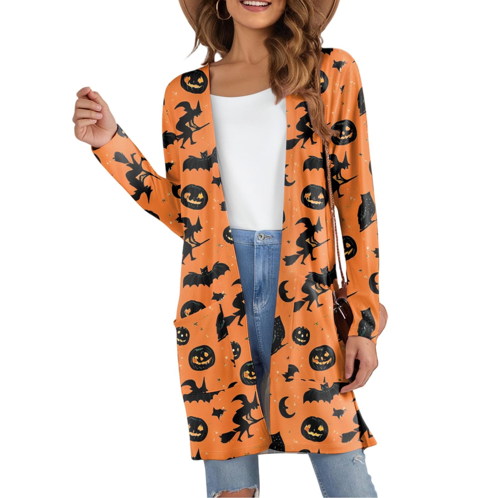 

Женский модный повседневный удобный кардиган средней длины с принтом на Хэллоуин и карманами XL шафрановый