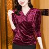 Elegant V-Neck Gold Velvet Long Sleeve Top - Age-Defying Autumn/Winter Cross Design