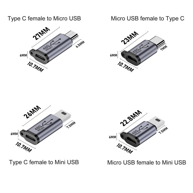 USB Type C na Mini USB MicroUSB Adaptér Micro USB na TypeC Mini USB Převodník Konektor Podpora Nabíjení Synchronizace Dat 480Mbps 18W