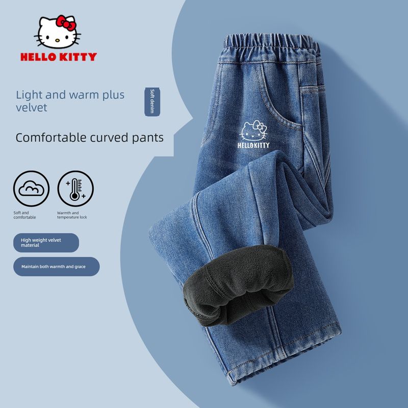 Hello Kitty Girls' Fleece-Lined Jeans Children's Cotton Pants Integrated Fleece Long Pants Thickened Pants Children's Winter Clothing