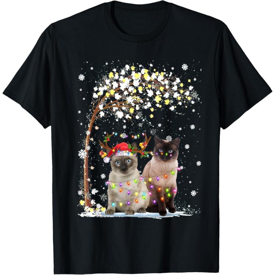 Siamese Cat Reindeer Hat Santa Christmas Tree Funny Xmas Men Women T-Shirt S