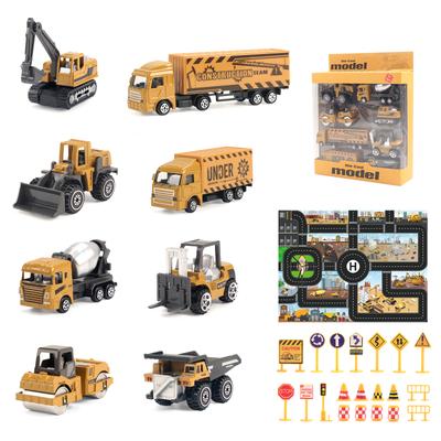 8pcs/set Alloy Engineering Truck with Mat&Road Sign Classic Construction Model Vehicle Loader Tractor Excavator Toy Car for Boys