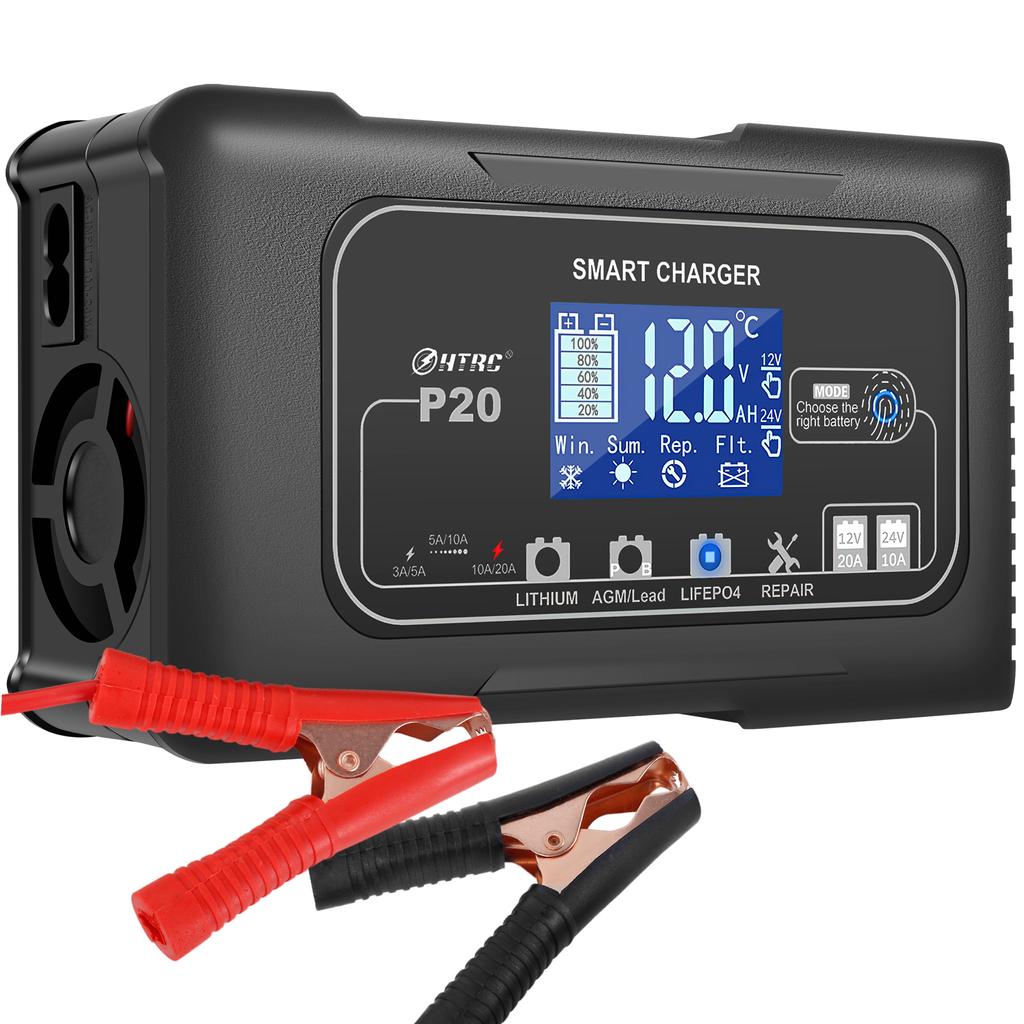 Car Battery Charger 12/24V Fully Automatic Battery Trickle Charger Adjustable Current Lithium Lead-Acid Battery Maintainer