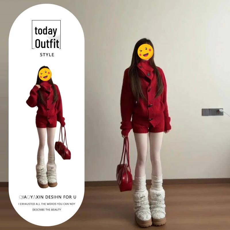 

Korean Style Red Knit Two-Piece Set: Horn Button Lapel Sweater Top & Shorts for Autumn/Winter XL [Recommended 115-125 lbs]
