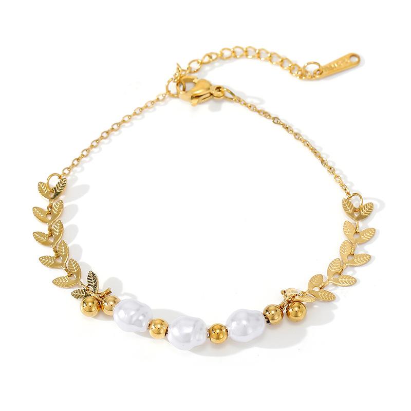 Niche Gentle Women Titanium Steel Bracelet Retro Pastoral Style Wheat Ears Leaves Imitation Pearl Love Zircon Versatile Bracelet