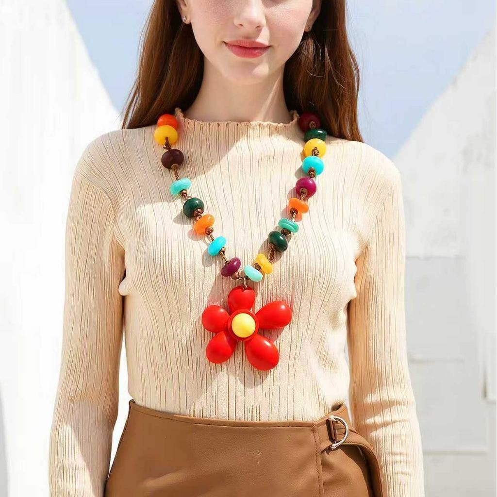 Bohemian simple fashion color tether beaded necklace exaggerated flower pendant women's necklace