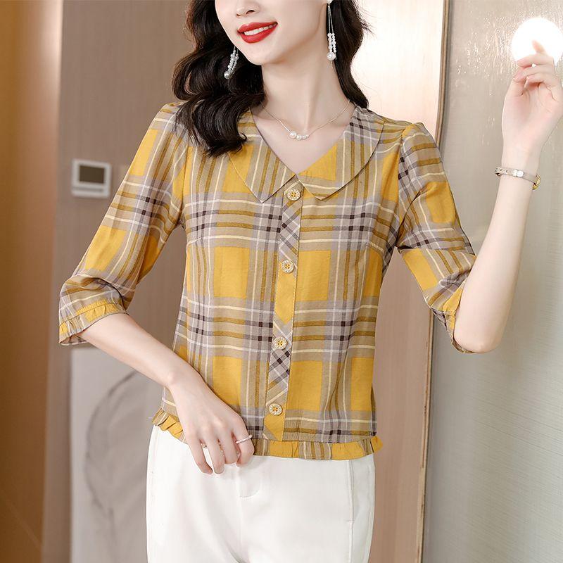 Nová letní košile s panenkou a výstřihem, tříčtvrteční rukáv spodní díl Dámská móda Tenká halenka volného střihu M-4XL