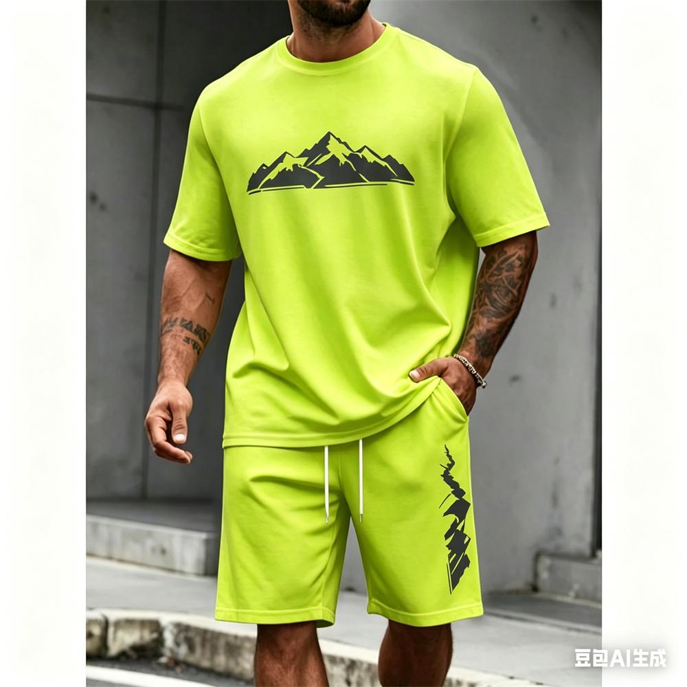 New Summer Set Men's 2 Piece Hip Hop Print Round Neck T Shirt Casual Fashion Style Suit Breathable Short Sleeve Shorts