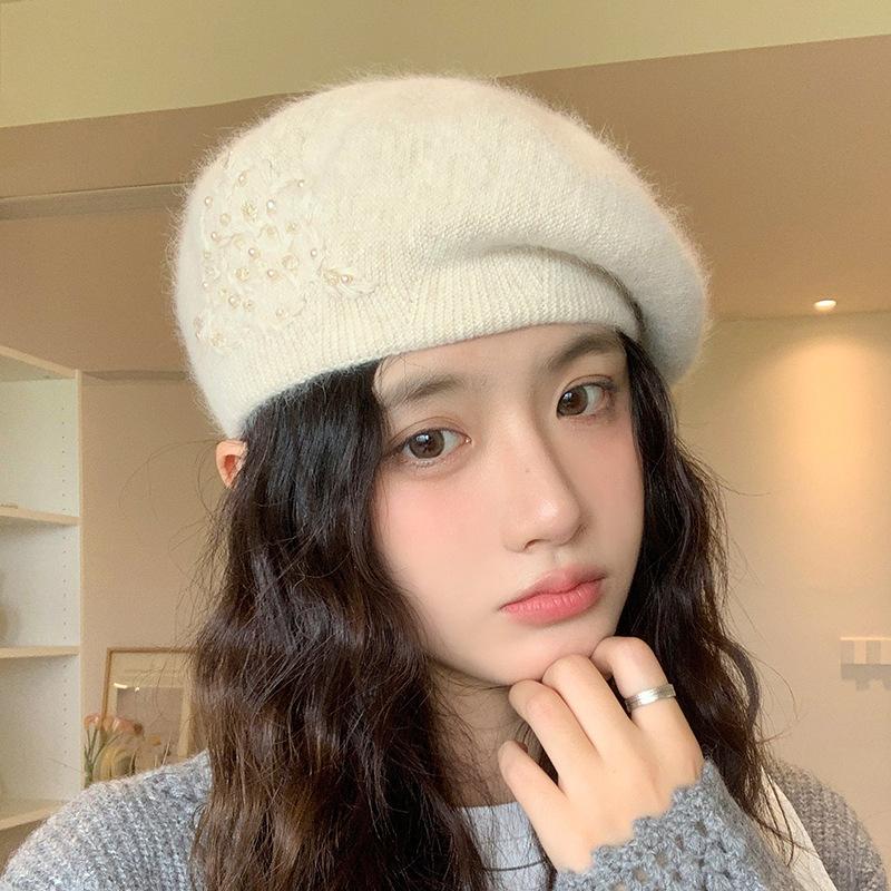 Rabbit Down Pearl Knitted Beret Female Autumn and Winter Painter Hat Warm Wool Hat Winter Hats for Women, Beanies for Women, Hats for Women Winter