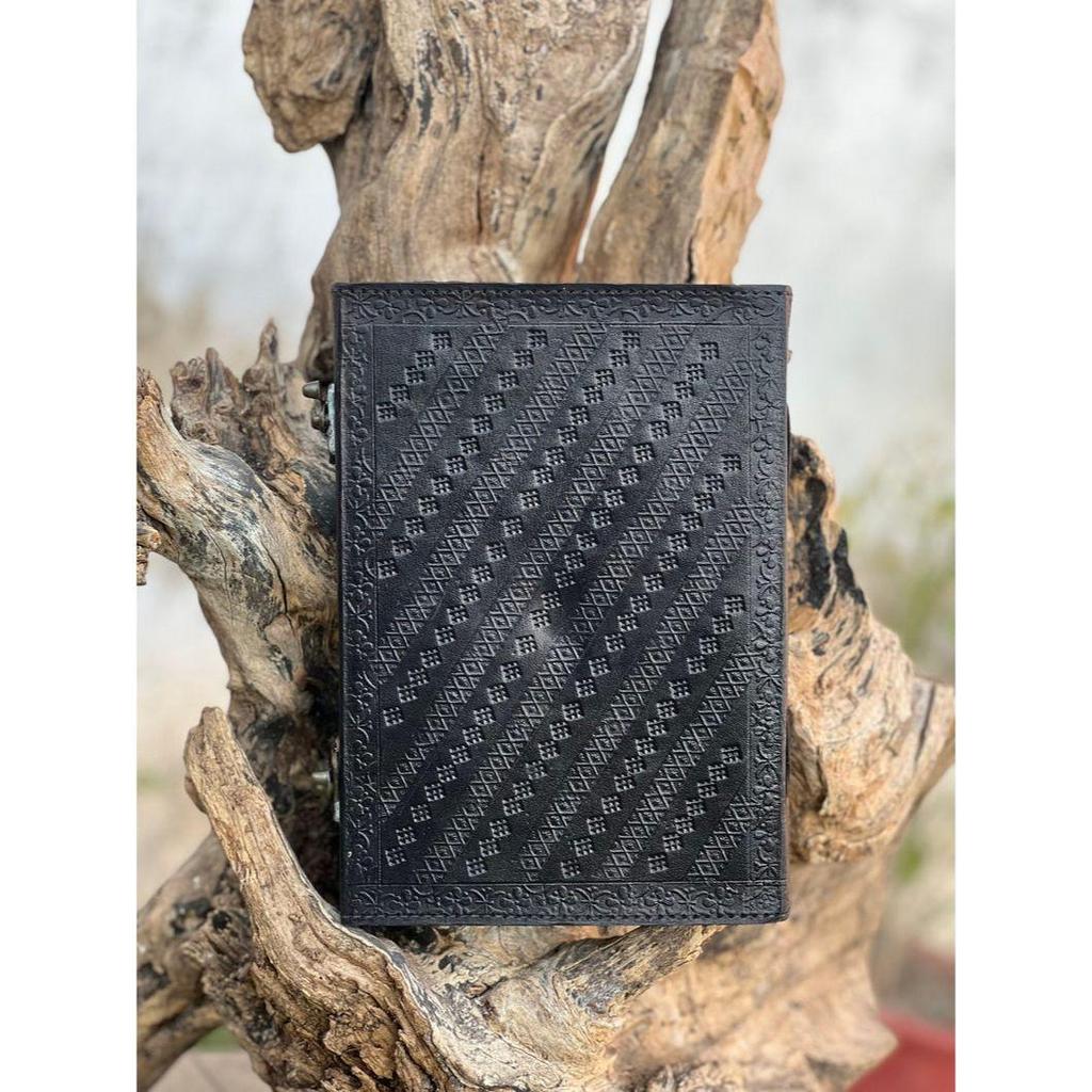 Handmade Black Leather Journal: Triple Moon Stone Embossed Notebook