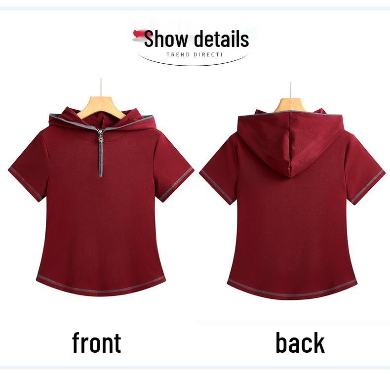 Women's Slim Fit Hooded Short Sleeve Zipper T-shirt - New Korean Style 2026, Solid Color Fashionable Top