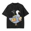 Eend Patroon Brief Print Zwart Retro Gewassen T-shirt Heren Oversized Trendy Unisex Katoen Losse Mode Korte Mouw T-shirt