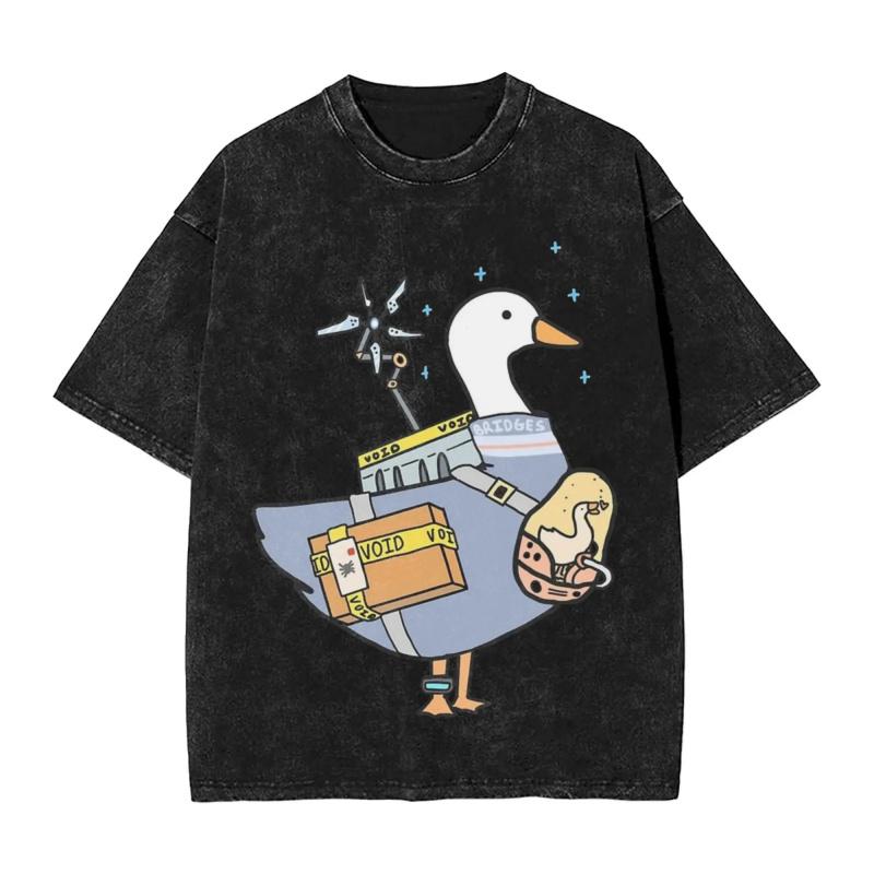 Duck Pattern Letter Print Black Retro Washed T-Shirt Men S Oversized Trendy Unisex Cotton Loose Fashion Short Sleeved T-Shirt S разноцветный