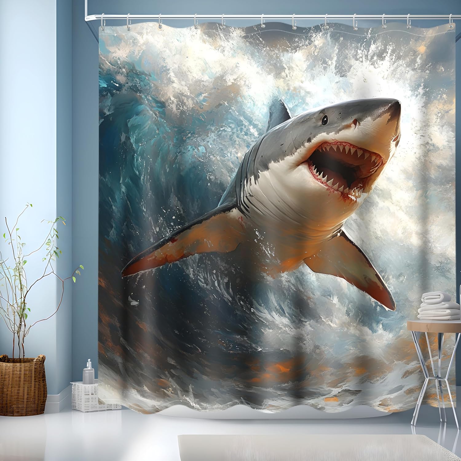 Dunika Chen Sea Life Shower Curtain, Washable Shark Pattern Printed Shower Curtain Waterproof Bathroom Decoration 180X180cm