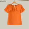 ZANZEA Women Summer Ruffled Layered Round Neck Short Sleeve Blouses