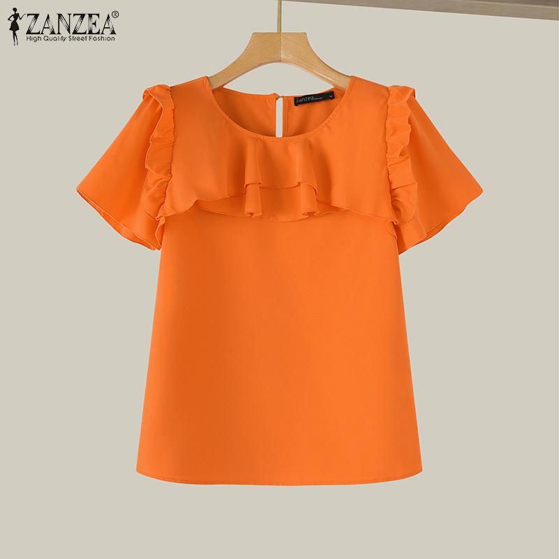 ZANZEA Women Summer Ruffled Layered Round Neck Short Sleeve Blouses