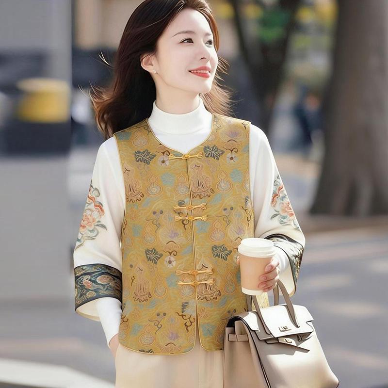 

Elegant Retro Chinese Style Plus Size Vest for Middle-Aged and Elderly Women - Warm, Comfortable, Versatile Spring and Autumn Wear 4XL (for 67.5-72.5 kg) жовтий