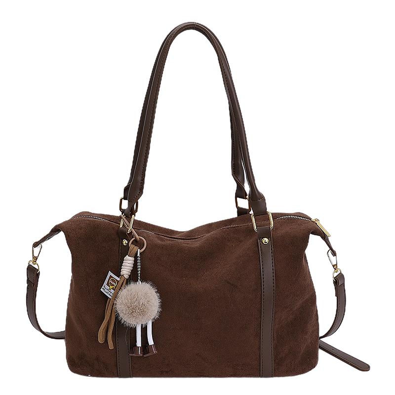 Faux Suede Solid Color Sewing Tote Bag 2026 Fashi Large Capacity Versatile Bags for Women Retro Sweet Commuting Shoulder Bag