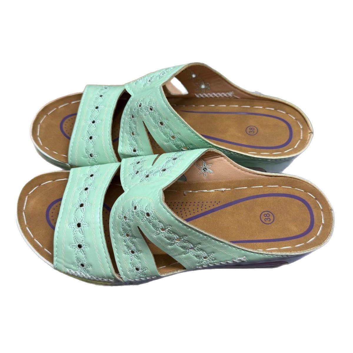 

Женские вышитые шлепанцы на платформе с каблуком и открытым носком, размер 43, доступны разные цвета 39 светло-зеленый