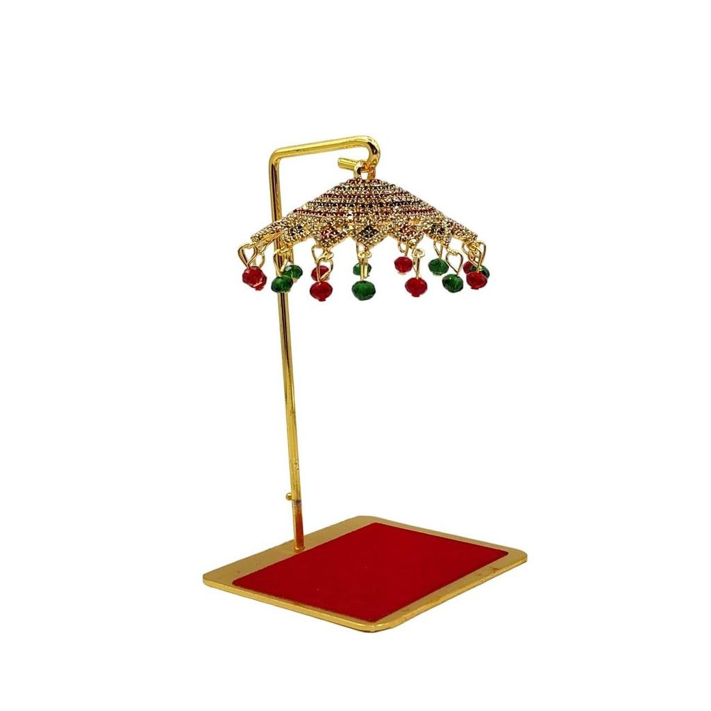 Metal Umbrella Chhatra with Hanging Crystals for God Idol, Car Dashboard/Office Desk/Table/Home Decor Showpiece, Chatri Aasan