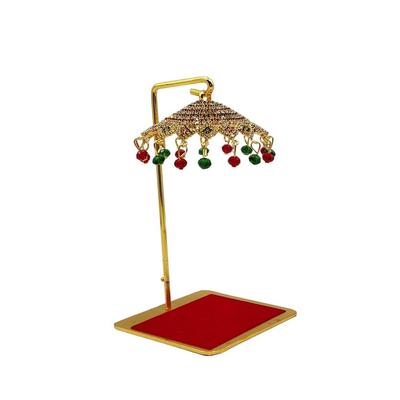 Metal Umbrella Chhatra with Hanging Crystals for God Idol, Car Dashboard/Office Desk/Table/Home Decor Showpiece, Chatri Aasan