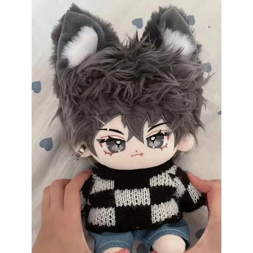 Original 20cm Boy Cotton Doll Plush Long-eared Twin with Animal Ears Big Tail Grey Fur Stuffed Soft Toy Kid Halloween Gifts