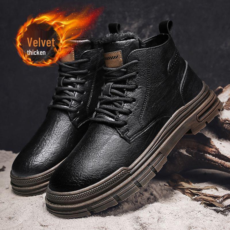 Men's Winter British Retro Motorcycle High-Top Martin Boots - Leather, Fur, and Velvet Lined for Warmth