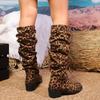 Women's Plus Size Mid-Calf Leopard Print Boots, Autumn/Winter Over-the-Knee Long Stacked Ruched Boots, Size 42.