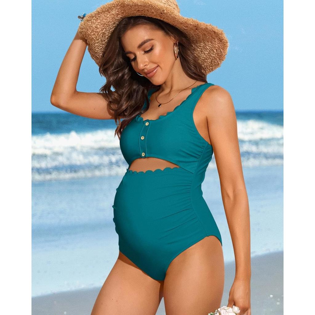 CHARMLEAKS Umstands-Einteiler-Badeanzug, gewellter, ausgeschnittener, gerüschter, hoch taillierter Schwangerschafts-Badeanzug mit U-Ausschnitt
