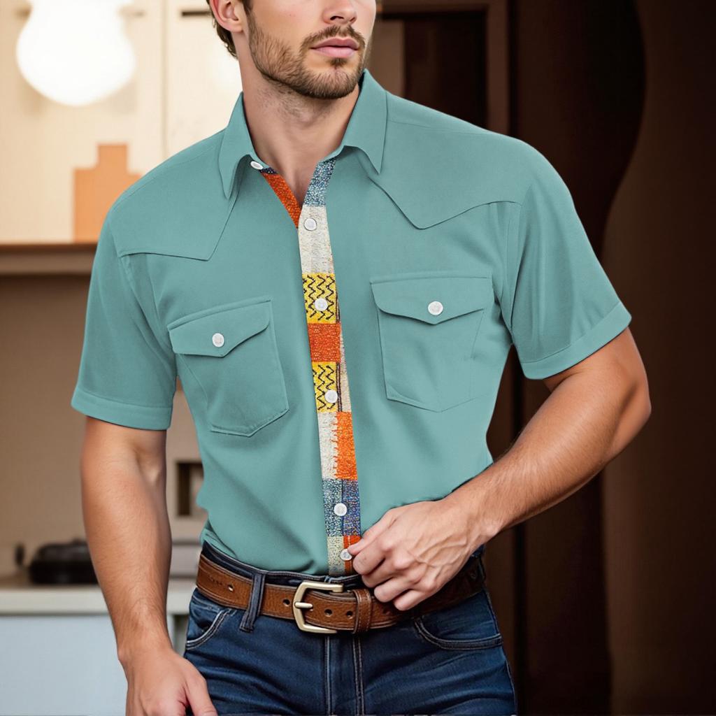 Men'S Fashionable Lapel And Shoulder Length Short Sleeved Casual Top