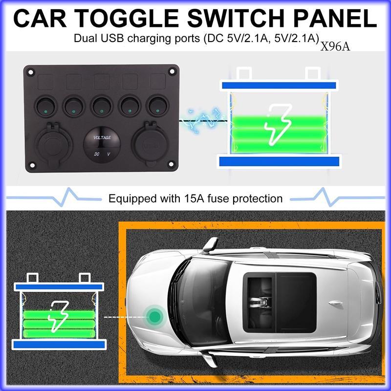 SXR-5 Gang 12V/24V Inline-Fuse Box LED Switch Panel Dual USB Car Boat Truck Camper