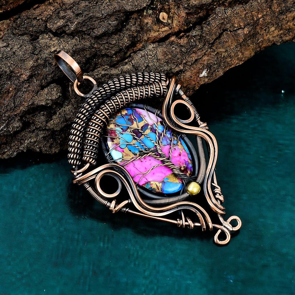 Natural Kingman Pink Dahlia Turquoise Copper Wire Wrap Pendant Handmade Pendant Natural Gemstone Jewelry Tree of Life Pendant Gift for Women