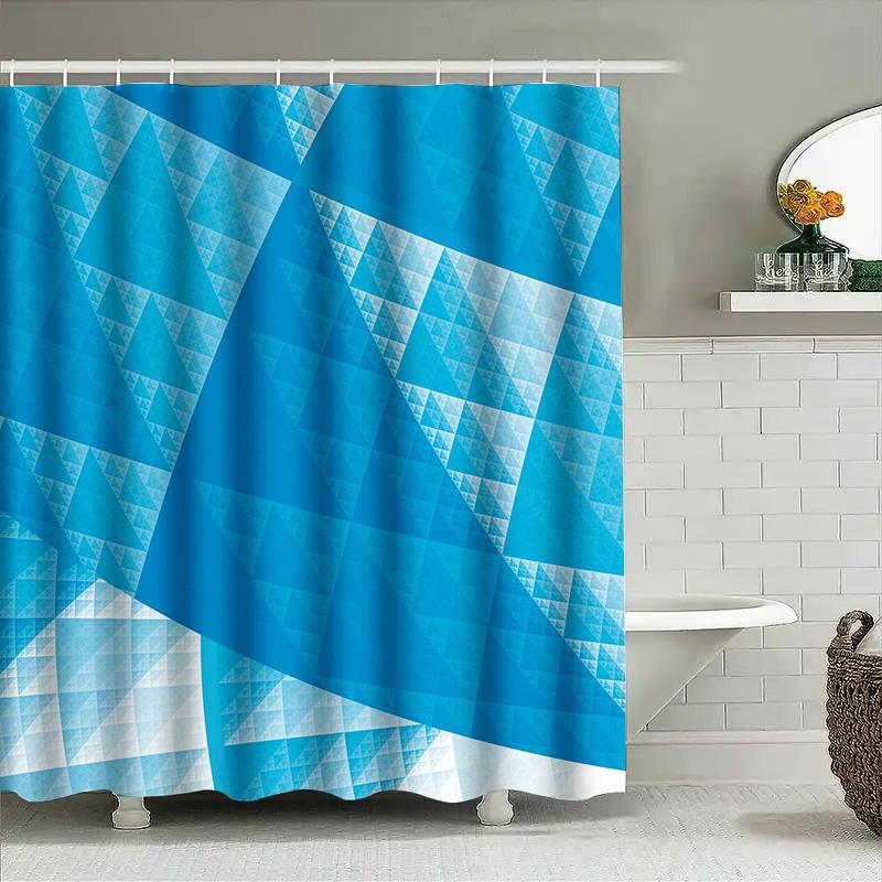 Modern Blue Geometric Shower Curtain Set, Waterproof Polyester Fabric for Bathroom Decor Bath Mat, Rods Rings