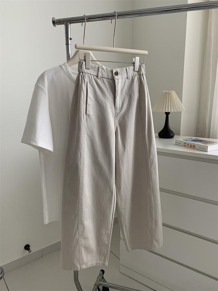 

Women s Japanese Retro Patchwork Tencel Cotton Cargo Pants - Slimming Wide-Leg, Nine-Point Carrot Style for Spring S слонова кістка/білий