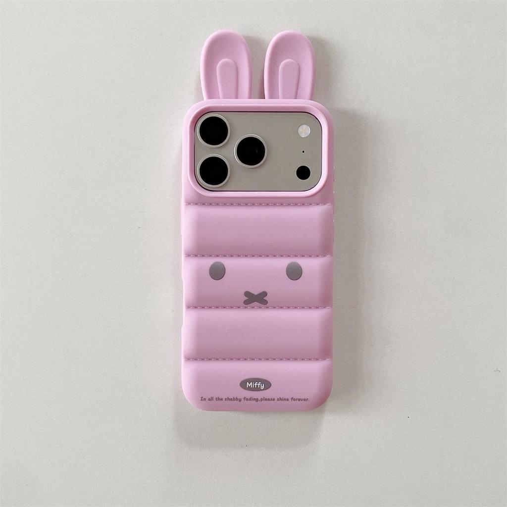 Down Feather 3D Ears Rabbit iPhone 15/16/17 Pro Max Anti-Drop Case