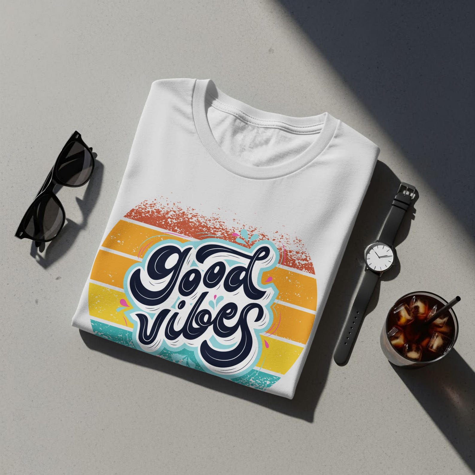 Good Vibes Retro Sunset T-Shirt, Vintage Beachy Summer Graphic Tee S