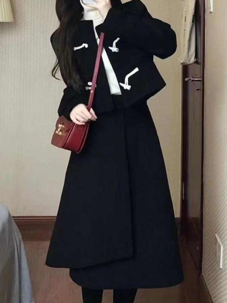 

Элегантный теплый комплект из двух предметов в консервативном стиле, женское лоскутное милое пальто, нерегулярная макси-юбка, женский повседневный костюм в стиле кавайный дизайн, новинка 2024 года XL чёрный