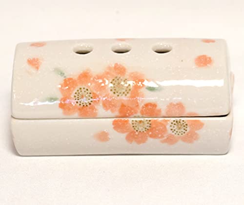 Horizontal Cylindrical Incense Burner: Made In Japan from Mino Ware, Designed To Hold Incense Sticks Horizontally. Features a Cherry Blossom Pattern.