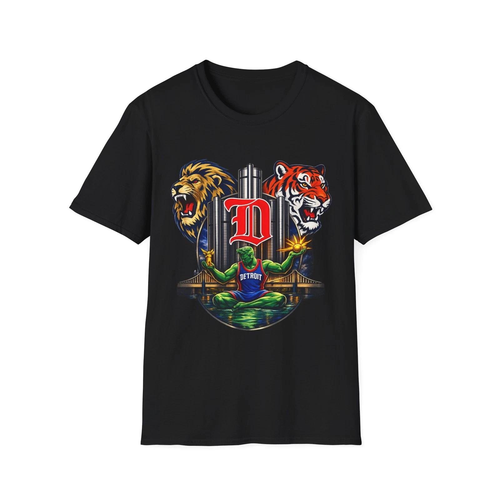 Detroit Sports Skyline Tee Lions Tigers Pistons Red Wings Style Graphic Shirt 3XL