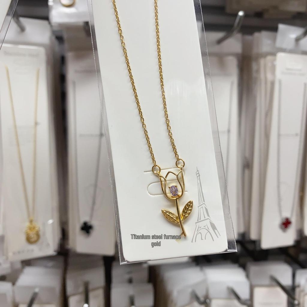 Titanstahl Rose Tulpe Zirkon Anhänger Halskette - Europäisch Amerikanischer Modeschmuck, Leichter Luxus Schlüsselbein Kette