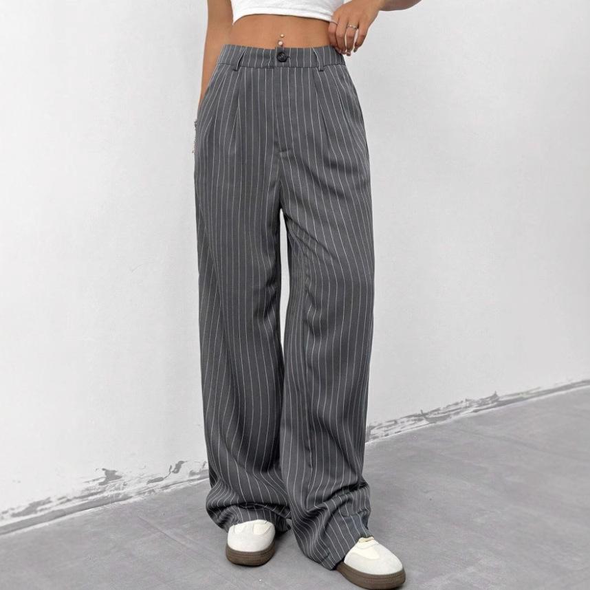 Blue Striped Casual Commuter Loose Wide Leg Casual Pants Trousers