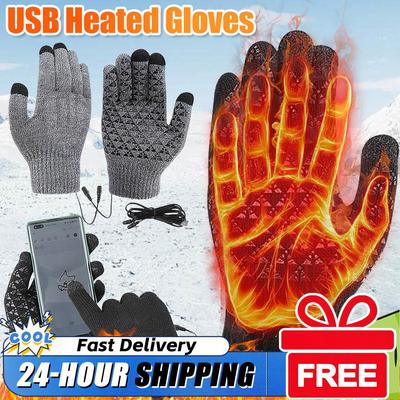 1 Pair USB Heated Full Finger Gloves Winter Warm Thermal Heated Knitted Gloves for Women and Men Cycling Skiing Accessories