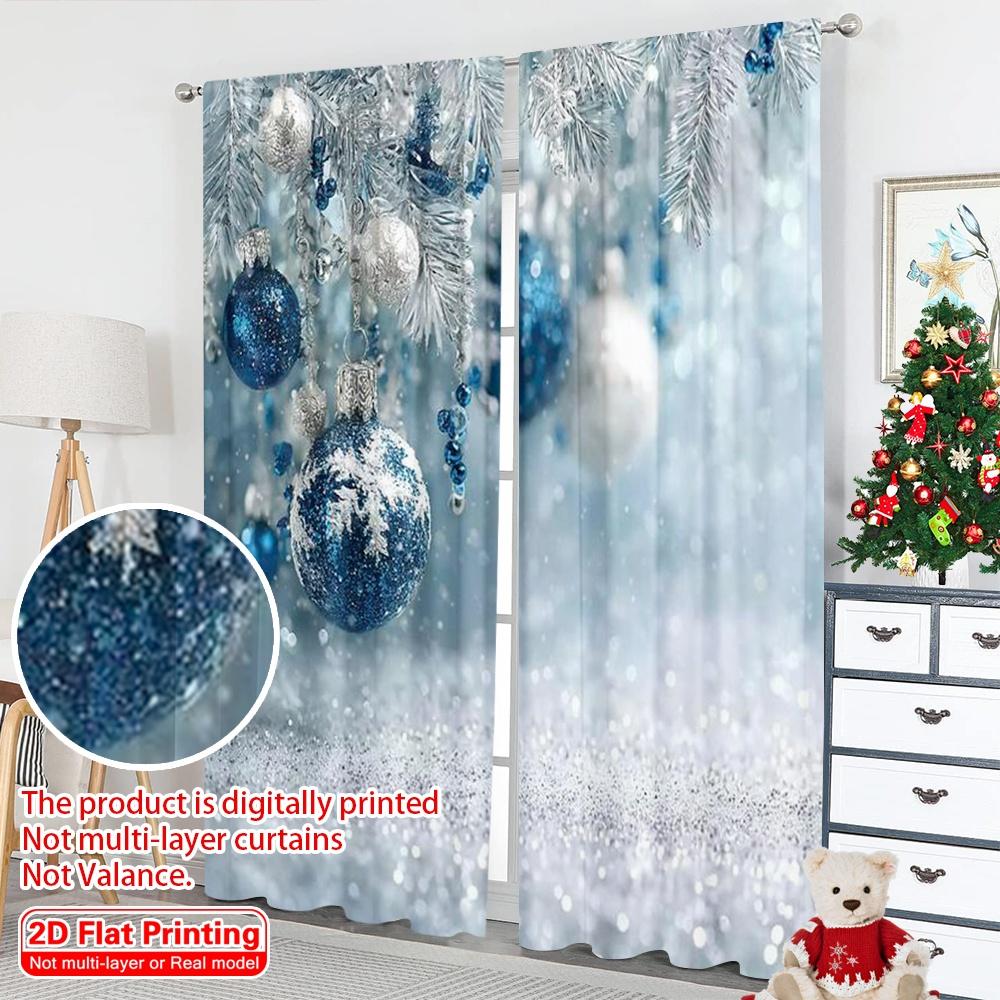 Flat Printing Merry Christmas Party Curtains Blue Snowflakes Fabric Without Electricity Family Curtain Set Of 2 Made Polyester Washable