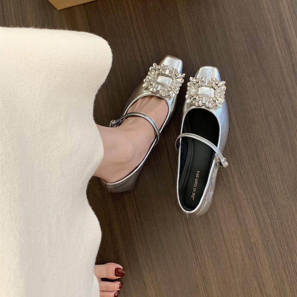 Evening breeze spring and autumn silver new light mouth rhinestone 2025 thick heel Mary Jane high heels commuting French single shoes women